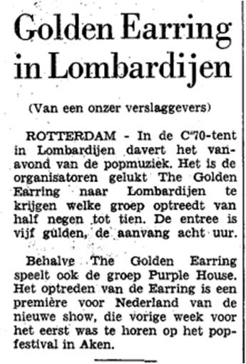 Golden Earring Het Vrije Volk newspaper article July 18, 1970 Rotterdam Lombardijen